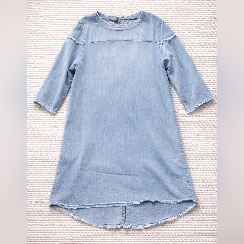 Lyocell Denim Shift Dress Frayed Hem Boho Mini Soft Chambray
